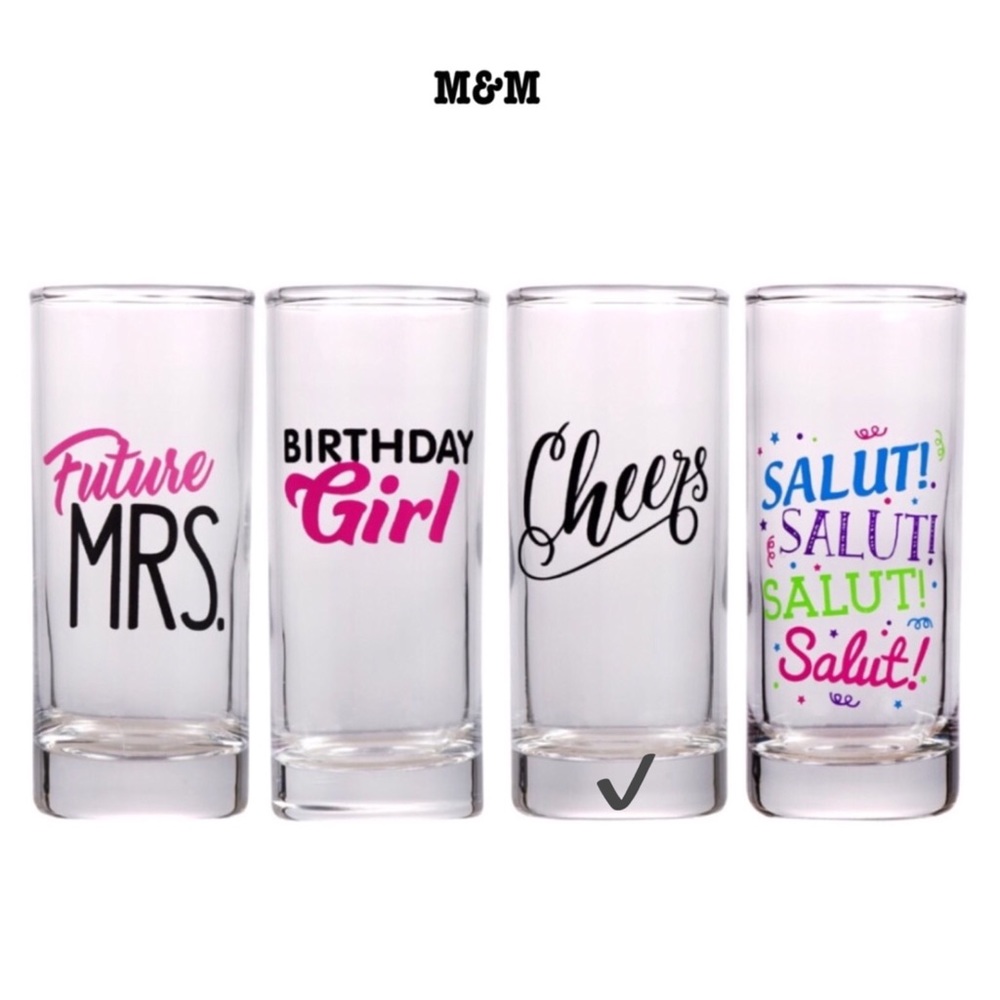 Brand New Printed Celebratory Shot Glasses, 2 oz. Cheers